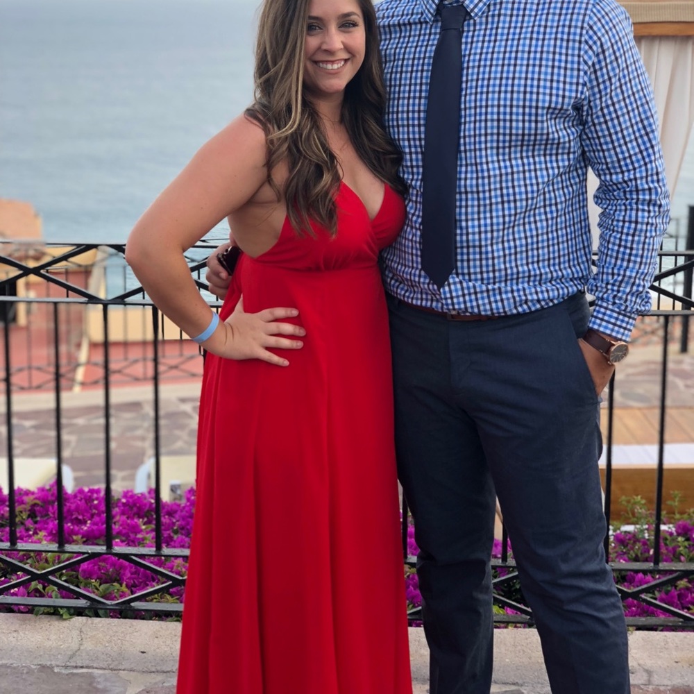 Red floor length wrap dress